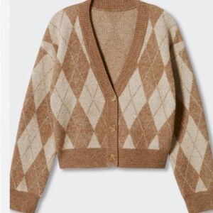 Cozy Argyle V-Neck Cardigan Sweater - Tan & Cream